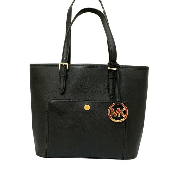 Michael Kors Handbags - Michael Kors Black Saffiano Leather Tote Bag Gold Tone MK Charm Medium
